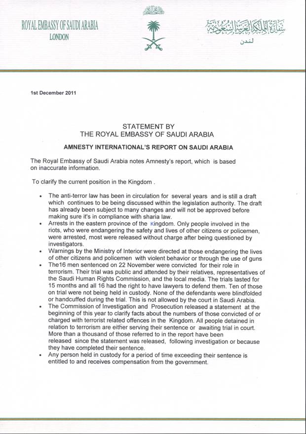 Statement by the Royal Embassy of Saudi Arabia Amnesty International's Report on Saudi Arabia